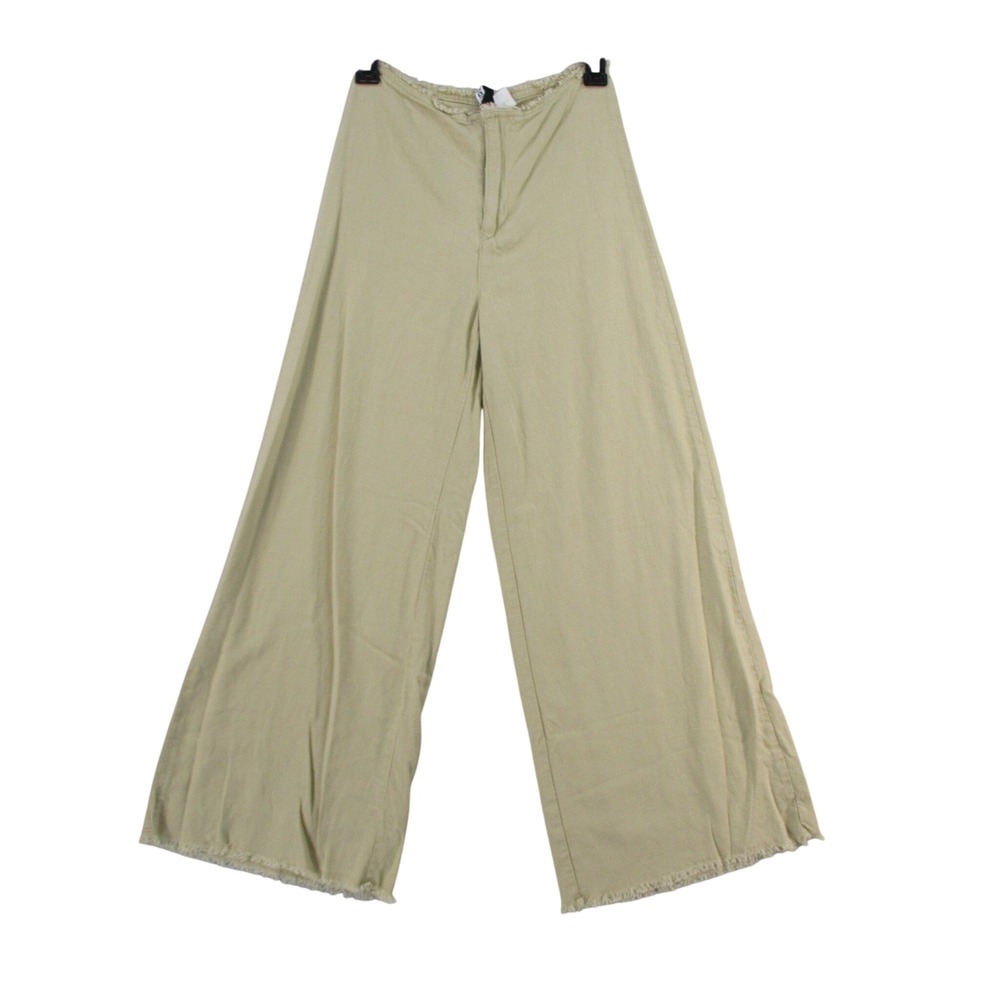 H&M Divided Women Khaki Beige Linen Blend Wide Leg Frayed Edge Pants 1224449 0